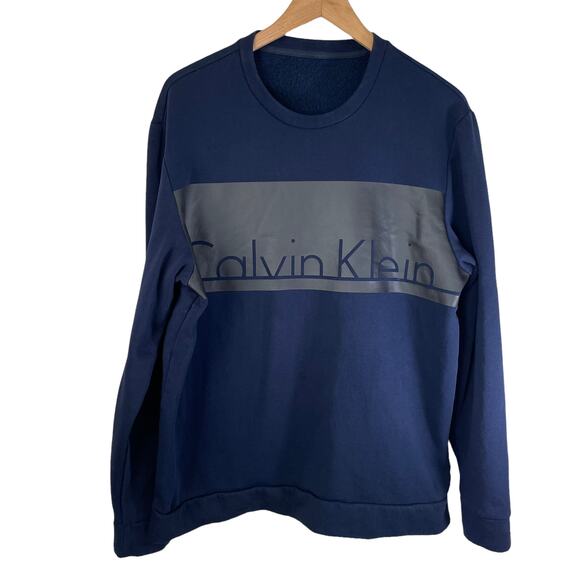 Calvin Klein Men's Crew Neck Logo Spellout Sweatshirt Navy Blue Casual Norm Core - Picture 1 of 7